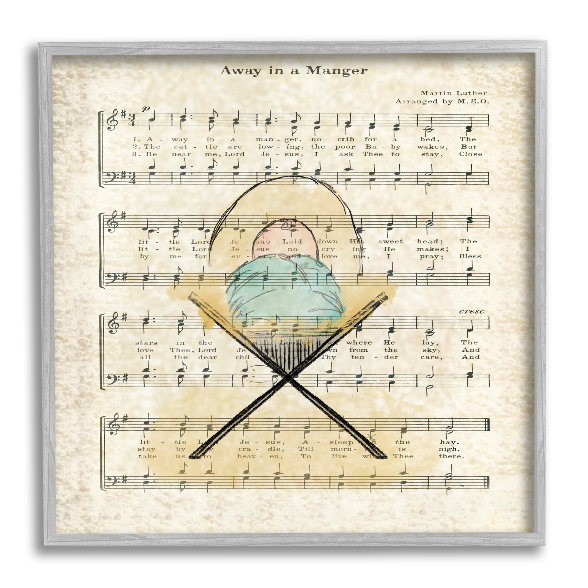 Baby Jesus Cradle Away In Manger Musical Script Religious Framed Art Print Wall Art, 17x17