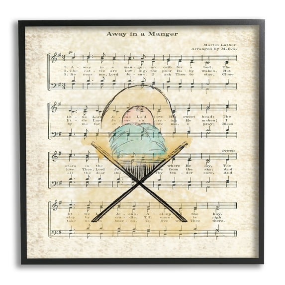 Baby Jesus Cradle Away In Manger Musical Script Religious Framed Art Print Wall Art, 17x17