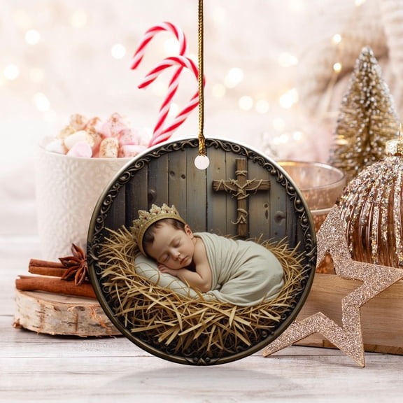 Baby Jesus Ornament, Nativity Scene Ornament, Crowned Baby Ornament, Religious Christmas, Rustic Cross Ornament, Sleeping Baby Ornament