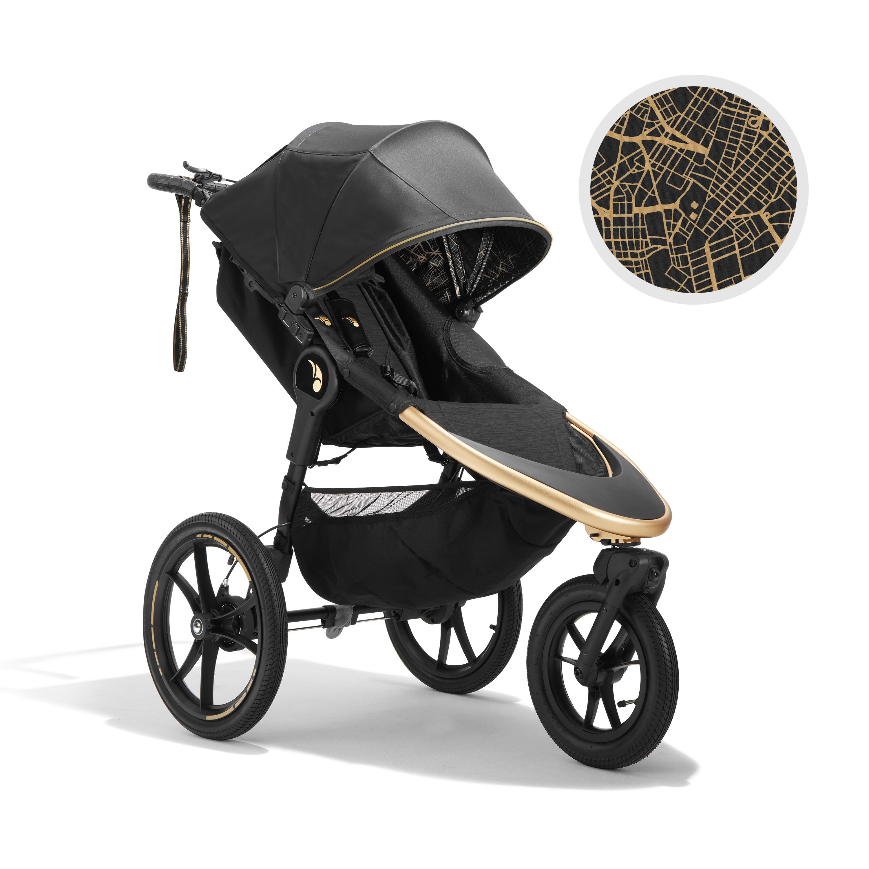 Black and Gold All-Terrain Jogging Stroller with Vegan Leather Accents