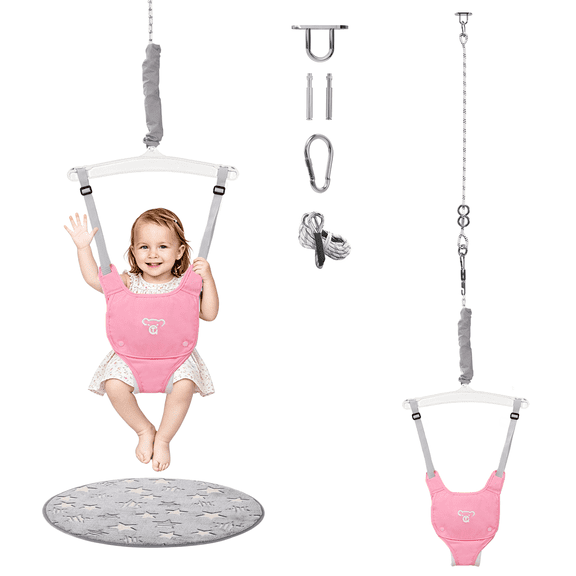 Baby Jumper, Baby Bouncer with for Infant & Toddlers, Baby Jumper Doorway Indoor/Outdoor, Adjustable Height, Pink