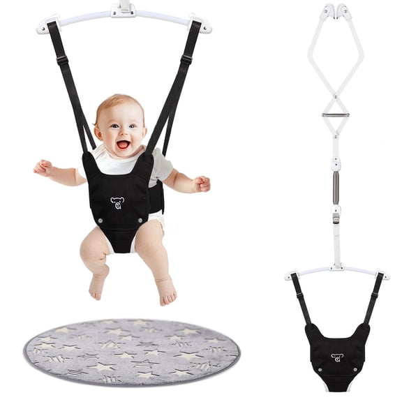 Baby Jumper, Baby Doorway Jumper with Adjustable Strap, Protable Baby Jumpers and Bouncers, Easy to Assemble, Toddler Bouncer Jumper with Floor Mat, Black
