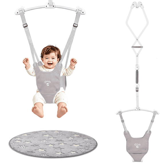 Baby Jumper, Baby Doorway Jumper with Adjustable Strap, Protable Baby Jumpers and Bouncers, Easy to Assemble, Toddler Bouncer Jumper with Floor Mat, Gray