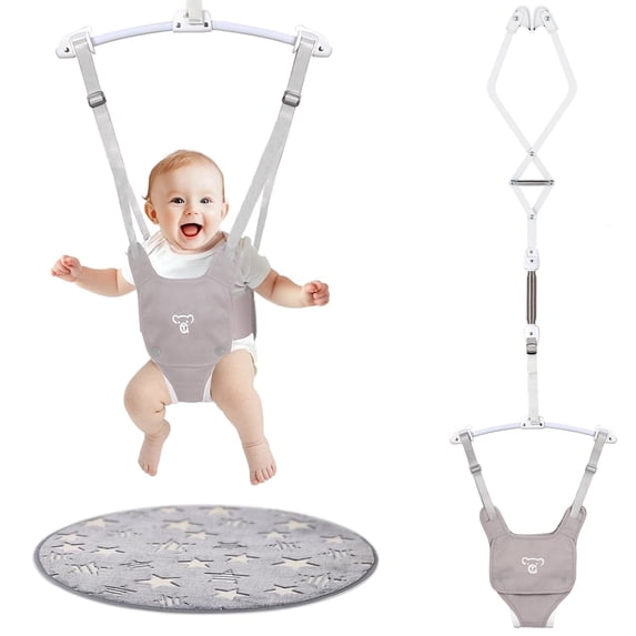Baby Jumper, Baby Doorway Jumper with Adjustable Strap, Protable Baby Jumpers and Bouncers, Easy to Assemble, Toddler Bouncer Jumper with Floor Mat, Gray