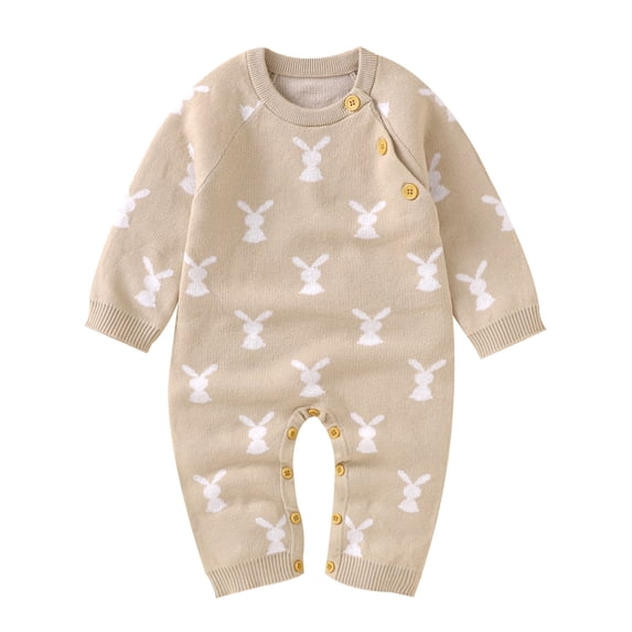 Baby Jumpsuit Easter Bunny Knit Sweater Romper Long Sleeve Jumpsuit Clothes for Unisex Khaki 6 Months-12 Months