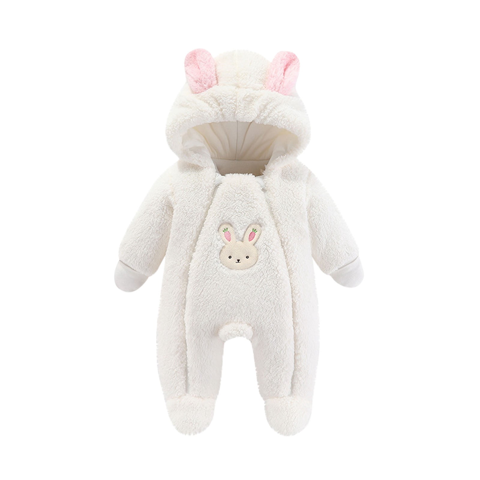 Baby Girl Solid Fleece Pink Long-sleeve Hooded Footie Jumpsuit