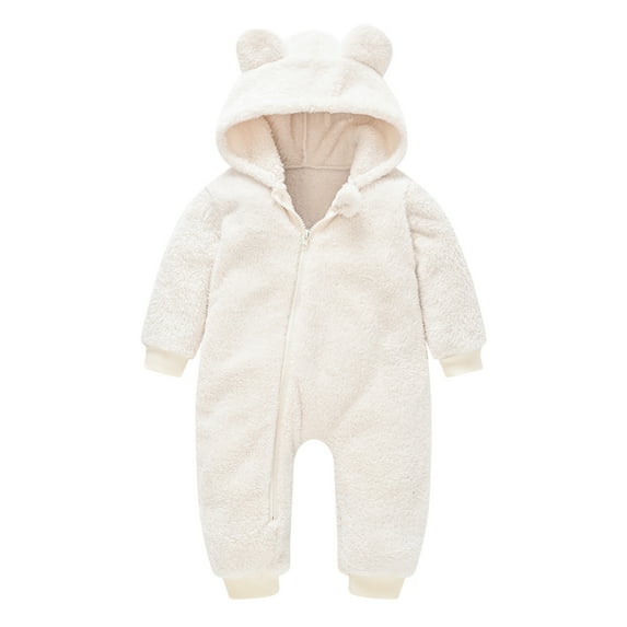 Baby Jumpsuit Newborn Baby Girls Boys Plush Cute Teddy Bear Ears Jumpsuit Warm Romper Hooded Coats Thicken Snowsuit Footed Bodysuit Autumn Winter Outwear Outfits Onesies Soild Color Pajamas