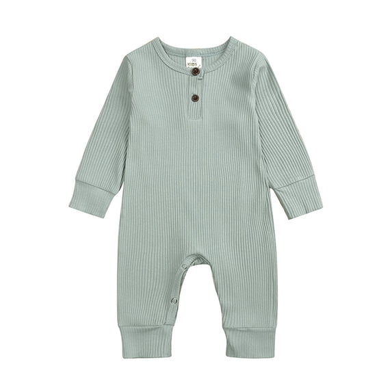 Baby Jumpsuit, Solid Color Long Sleeve Round Neck Romper, Button Down Casual Comfortable One-Piece Green 18-24 Months