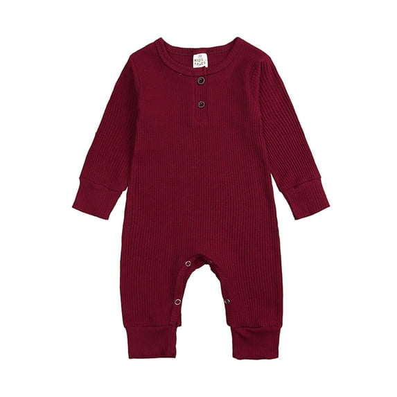 Baby Jumpsuit, Solid Color Long Sleeve Round Neck Romper, Button Down Casual Comfortable One-Piece Wine 12-18 Months