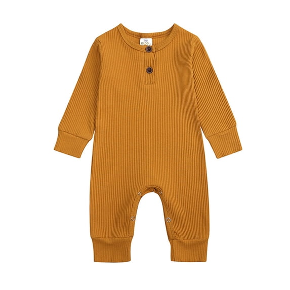 Baby Jumpsuit, Solid Color Long Sleeve Round Neck Romper, Button Down Casual Comfortable One-Piece Yellow 12-18 Months