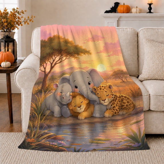 Baby Jungle Animals by Sunset Water, Serene Whimsical Style for Kids, Gentle Safari Nap Scene and Baby Shower Gift, Cozy Flannel Blanket for Nursery and Bedroom, Home Decor