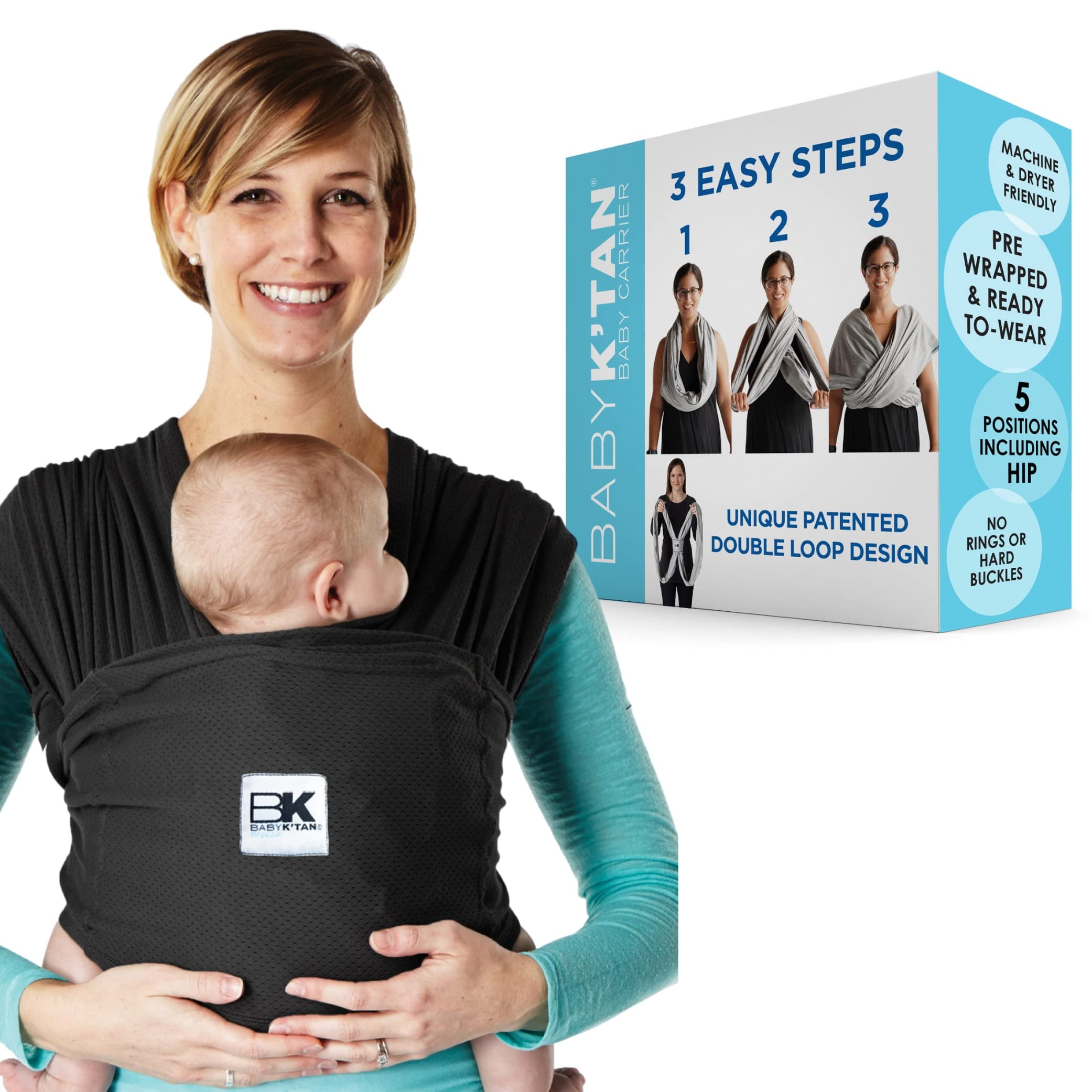 Baby K'tan Baby Wrap Carrier - Pre Wrapped, Breathable Unique Cotton Mesh Sling - Temperature Controlled Design - Adjustable Back Support for Newborn to Toddler - Breeze Black (X-Large)