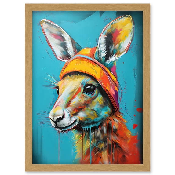 Baby Kangaroo Joey Wearing Hat Teal and Orange Artwork Framed Wall Art Print A4