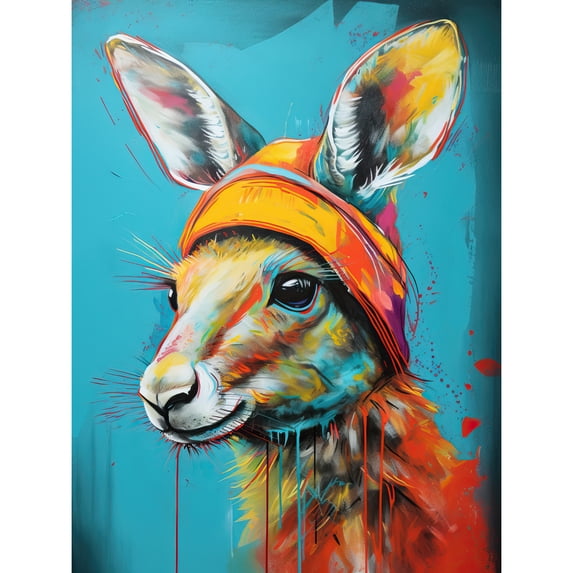 Baby Kangaroo Joey Wearing Hat Teal and Orange Extra Large XL Wall Art Poster Print