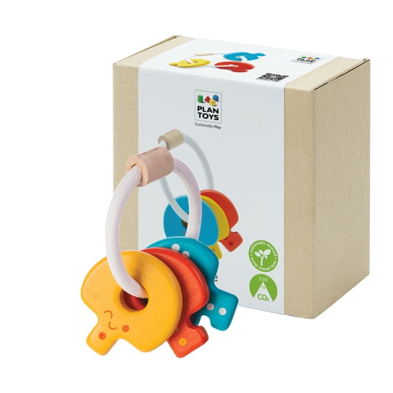 PlanToys® Baby Key Rattle Wooden Infant Sensory Toy for Grasping, Coordination & Auditory Development | Montessori Eco-Friendly Learning Toy for Early Exploration & Fine Motor Skills