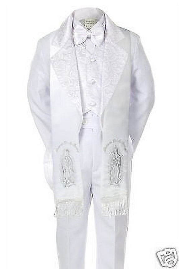 Baby Kid Boy Baptism Christening Tuxedo Suit w/ Silver Guadalupe Stole White S-7