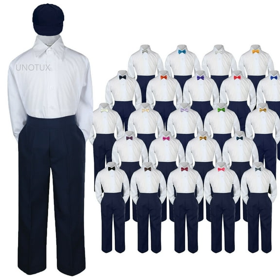 Baby Kid Boys Wedding Formal 4pc Set Shirt Navy Pants Bow Tie Hat Suit size S-7