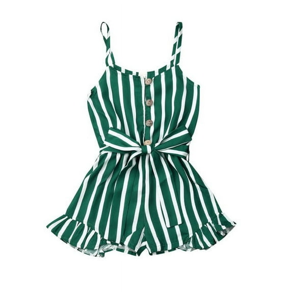 Baby Kid GirlsSleeveless Button Belted Striped Halter Jumpsuit Bodysuit Shorts Overalls