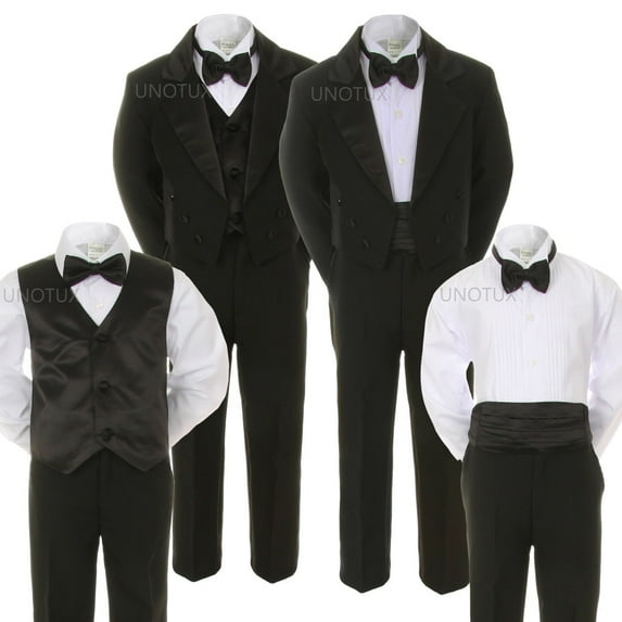 Baby Kid Teen 6pc BOY Wedding Formal Black Tail Vest Cummerbund Tuxedo Suit S-20
