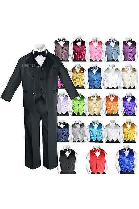 Baby Kid Teen Boys Formal Party 7pc Black Suits Tuxedo Color Satin Vest Tie S-20