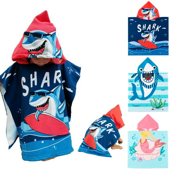 Baby Kids Bath and Beach Hooded Towel Wrap, 24" x 48", Dark blue Shark