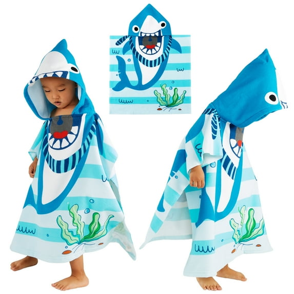 Baby Kids Bath and Beach Hooded Towel Wrap, 24" x 48", Light blue Shark