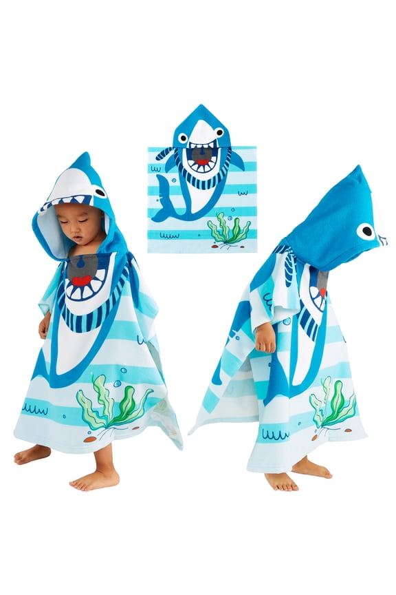 Baby Kids Bath and Beach Hooded Towel Wrap, 24" x 48", Light blue Shark