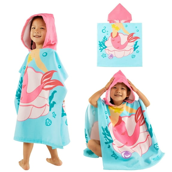 Baby Kids Bath and Beach Hooded Towel Wrap, 24" x 48", Pink Little Mermaid
