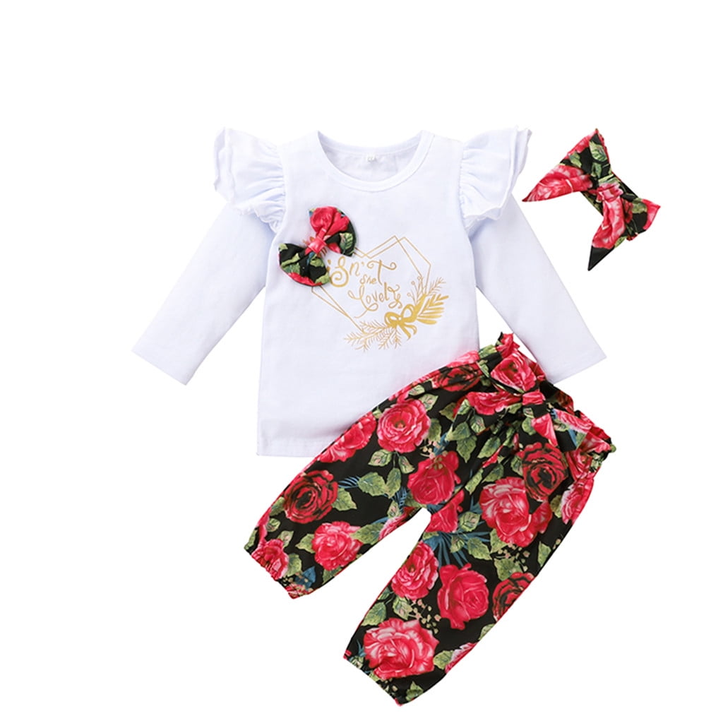 Baby Kids Girls Alphabet Print Tops+Flower Pants+Bowknot Outfits