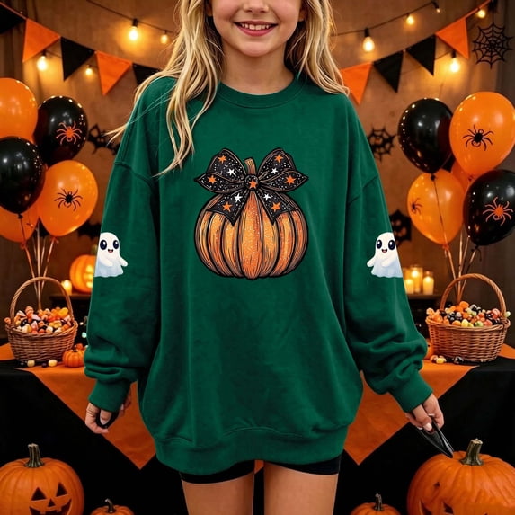 Baby Kids Pumpkin Bow Print Graphic Sweatshirts Girls Long Sleeve Crewneck Pullover Tops Youth Fall Harvest Outfits Slouchy Drop Shoulder Sweaters Casual Wear, Size 1-2 T