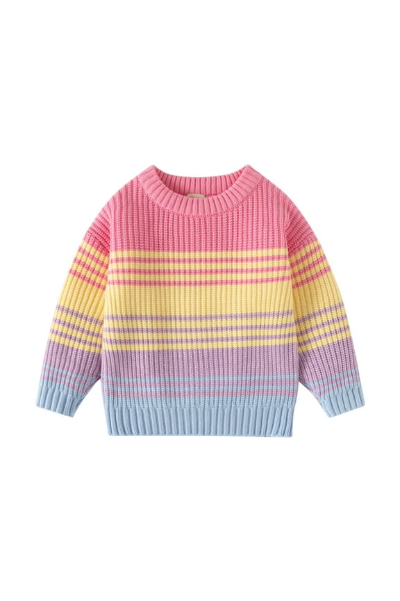 Baby Kids Rainbow Stripes Knitted Jumper Girls Boys Long Sleeve Pullover Top Knitwear Pink 2-3 Years