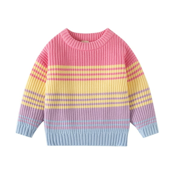 Baby Kids Rainbow Stripes Knitted Jumper Girls Boys Long Sleeve Pullover Top Knitwear Pink 3-4 Years