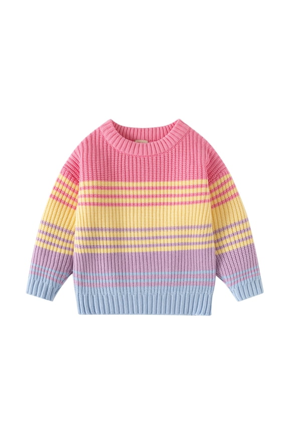 Baby Kids Rainbow Stripes Knitted Jumper Girls Boys Long Sleeve Pullover Top Knitwear Pink 7-8 Years