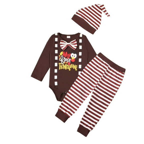 Baby Kids Thanksgiving Turkey Long Sleeve Climbing Coat + Striped Pants + Hat 3 Piece Set Brown 0-3 Months