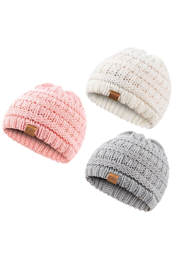 Baby Kids Winter Warm Hats, Infant Toddler Children Beanie Knit Cap Girls Boys-3 Pack