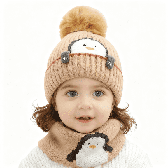 Baby Kids Winter Warm Hats, Infant Toddler Children Pom Pom Beanie Knit Cap Girls Boys-2 piece