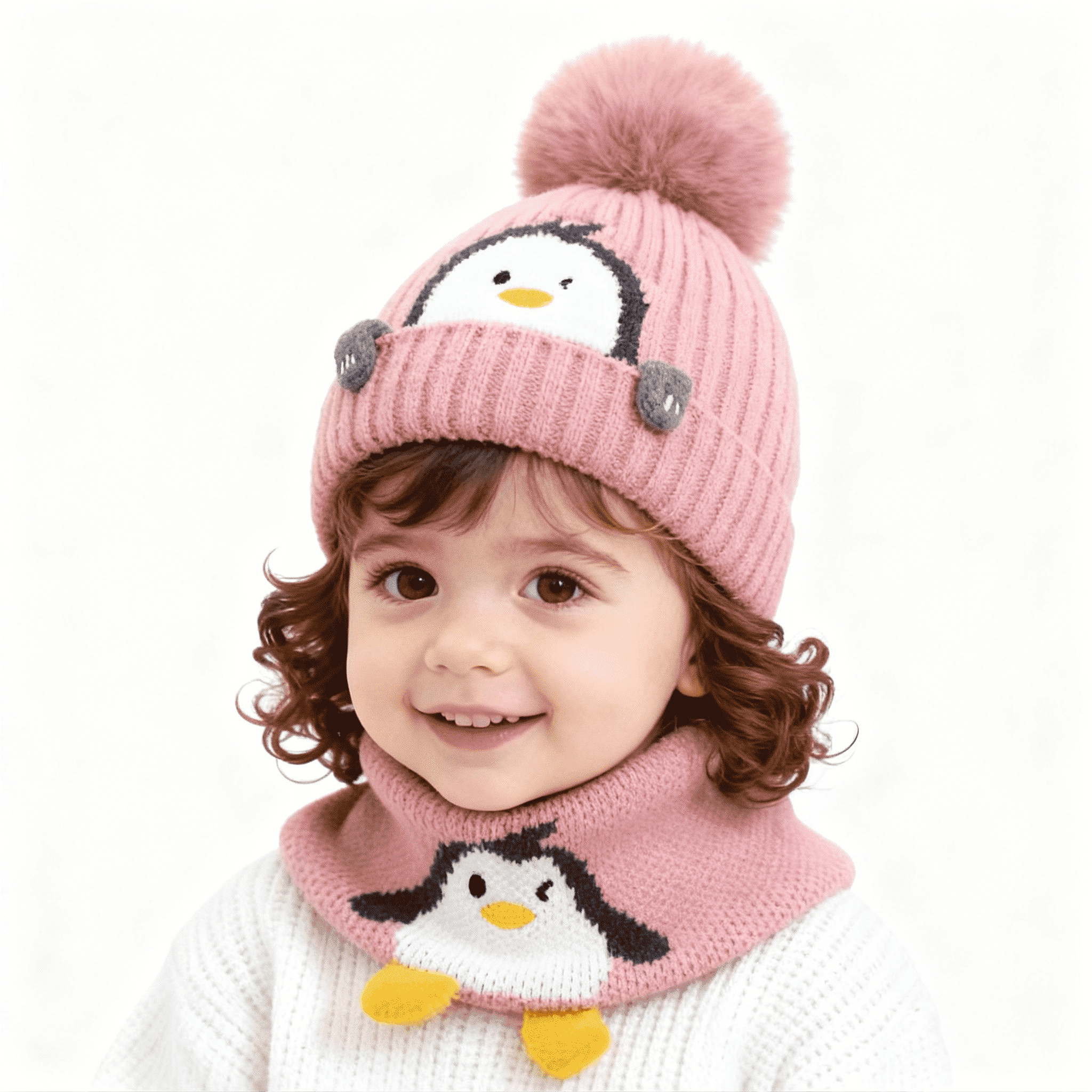 Baby Kids Winter Warm Hats, Infant Toddler Children Pom Pom Beanie Knit Cap Girls Boys-2 piece