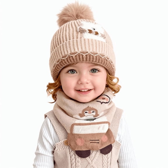 Baby Kids Winter Warm Hats, Infant Toddler Children Pom Pom Beanie Knit Cap Girls Boys-2 piece