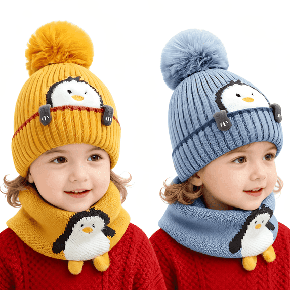 Baby Kids Winter Warm Hats, Infant Toddler Children Pom Pom Beanie Knit Cap Girls Boys-2 Piece