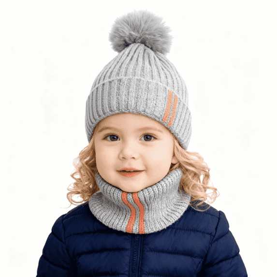 Baby Kids Winter Warm Hats, Infant Toddler Children Pom Pom Beanie Knit Cap Girls Boys-2 piece