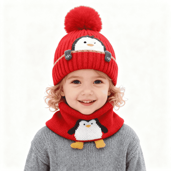 Baby Kids Winter Warm Hats, Infant Toddler Children Pom Pom Beanie Knit Cap Girls Boys-2 piece