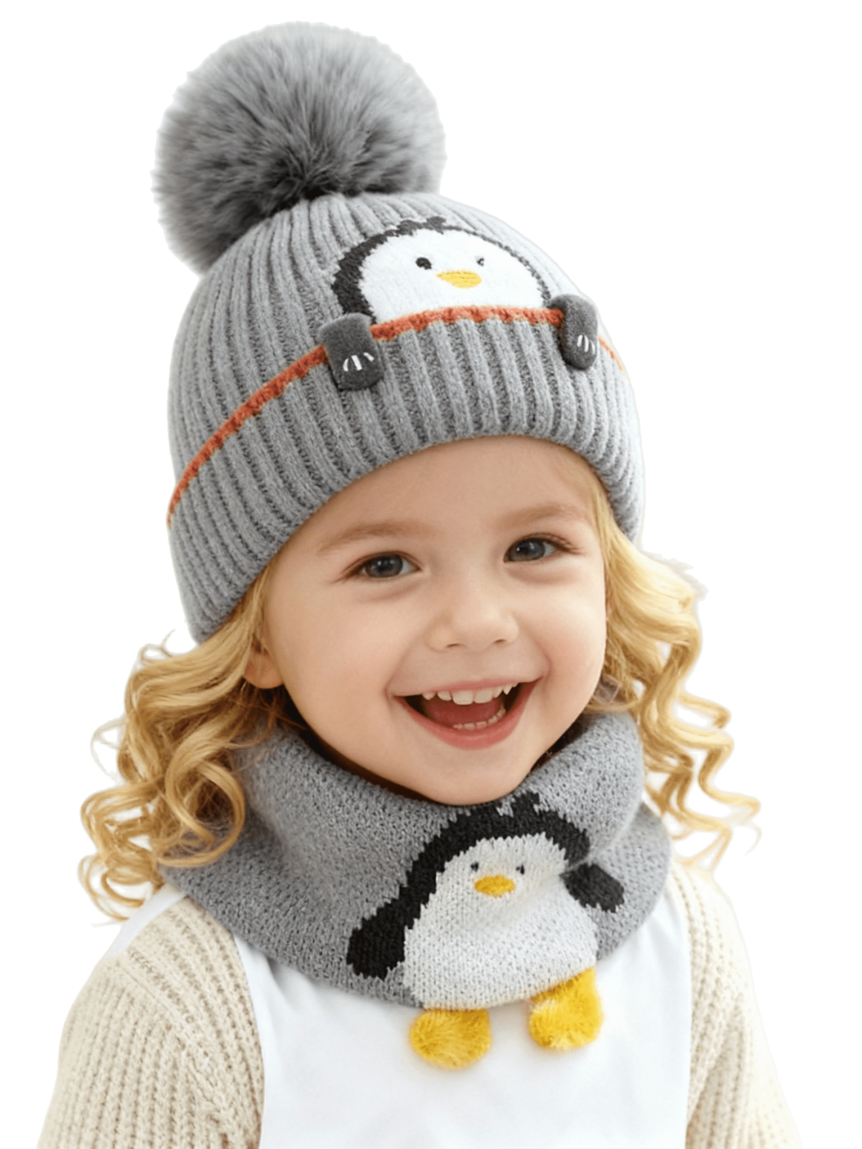 Baby Kids Winter Warm Hats, Infant Toddler Children Pom Pom Beanie Knit Cap Girls Boys-2 piece