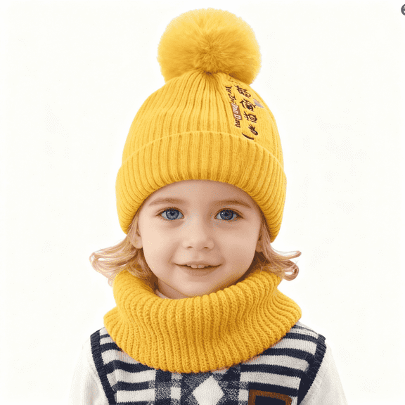 Baby Kids Winter Warm Hats, Infant Toddler Children Pom Pom Beanie Knit Cap Girls Boys-2 piece