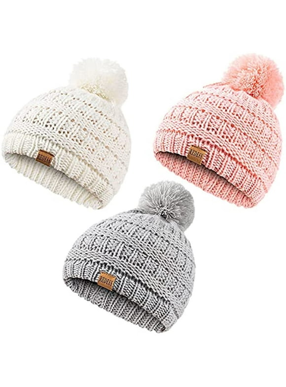 Baby Kids Winter Warm Beanie Hats, Infant Toddler Children Pom Pom Beanie Knit Cap Girls Boys-3 Pack