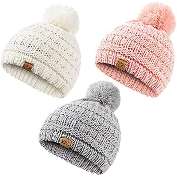 REDESS Baby Kids Winter Warm Beanie Hats, Infant Toddler Children Pom Pom Beanie Knit Cap Girls Boys-3 Pack