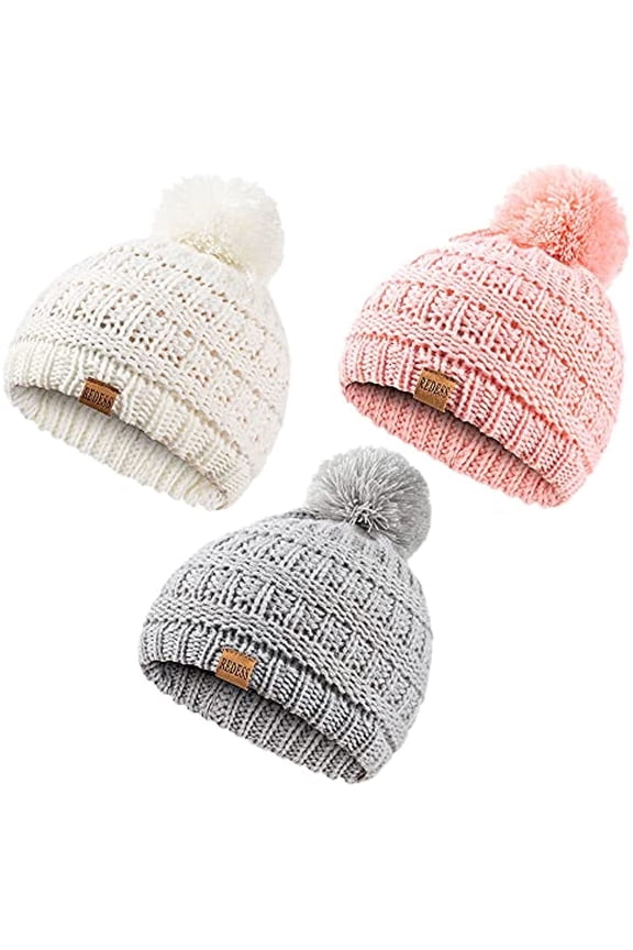 Baby Kids Winter Warm Beanie Hats, Infant Toddler Children Pom Pom Beanie Knit Cap Girls Boys-3 Pack