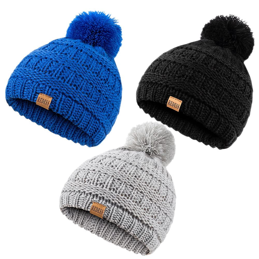 Newborn Baby Pom Pom Beanie Hats 3-Pack - Warm Stretchy Infant Winter Hats For Boys & Girls 0-12 Months