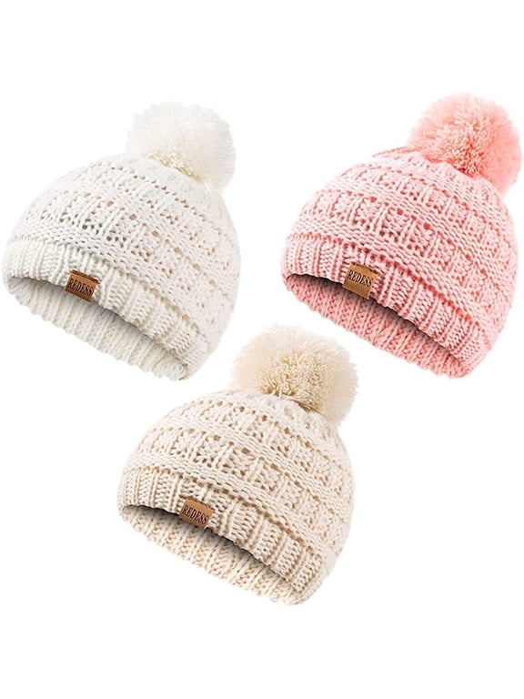 Baby Kids Winter Warm Beanie Hats, Infant Toddler Children Pom Pom Beanie Knit Cap Girls Boys-3 Pack