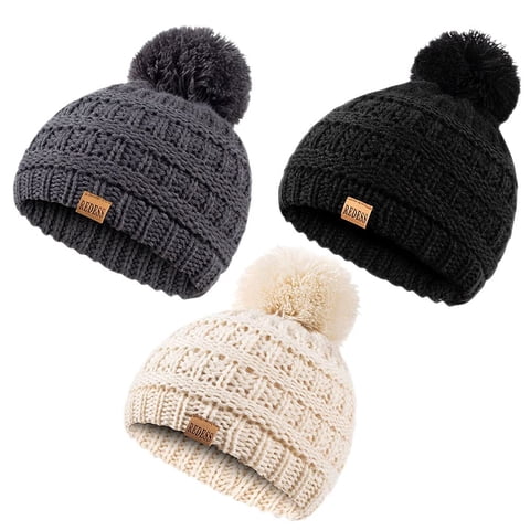 Baby Kids Winter Warm Beanie Hats, Infant Toddler Children Pom Pom Beanie Knit Cap Girls Boys-3 Pack