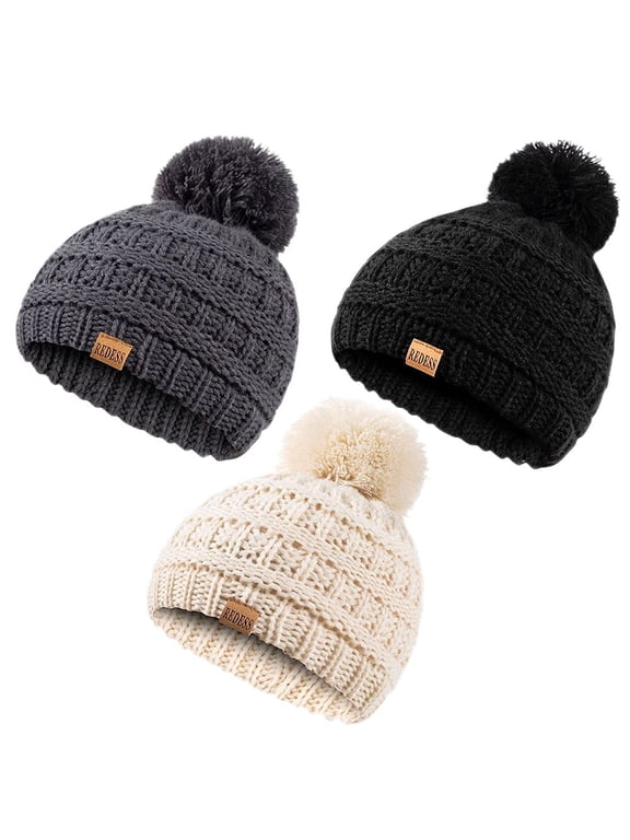 Baby Kids Winter Warm Beanie Hats, Infant Toddler Children Pom Pom Beanie Knit Cap Girls Boys-3 Pack